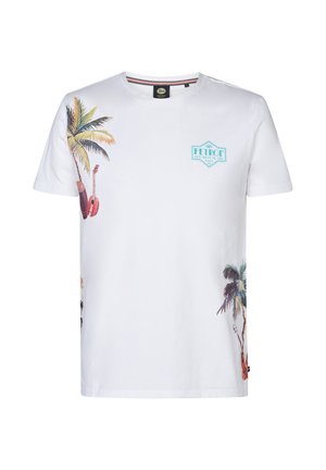 White cotton T-shirt featuring colorful palm tree and guitar graphics on one side, with a light blue logo patch on the chest.