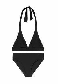 Musta bikinit, joissa on halterneck-toppi syvällä V-muotoisella leikkauksella ja yhteensopivat korkeavyötäröiset alaosat, valmistettu sileästä ja joustavasta materiaalista.