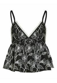 Camisola nera ricamata con spalline sottili, caratterizzata da motivi floreali bianchi, un bordo di pizzo sullo scollo e un design con vita arricciata.
