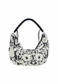Čierno-biela kabelka s kvetinovým vzorom, zaobleným mäkkým tvarom, tkaným uchom a kovovými detailmi. Zips na boku.