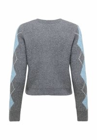 Grijze trui met lange mouwen, voorzien van blauwe en grijze ruitpatronen op de mouwen. Zachte textuur, ronde halslijn, cropped ontwerp.