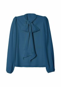 Blouse turquoise à manches longues, col noué en forme de nœud papillon et coupe ample. Confectionnée dans un tissu doux et léger, avec des poignets froncés et un design fluide.