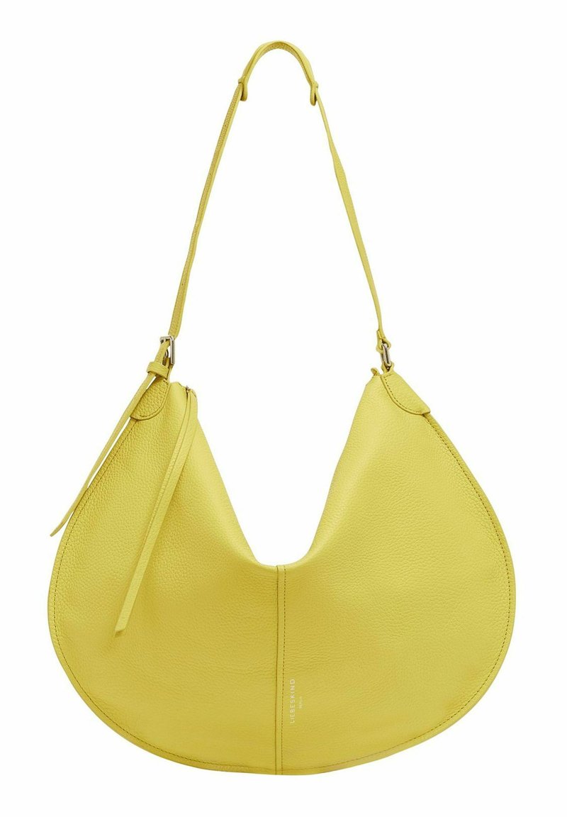 Gelbe Lederhandtasche mit geschwungenem Silhouette, ausgestattet mit einem einzelnen verstellbaren Tragegurt und einer glatten Textur. Akzentuiert mit dezenten Stickdetails.