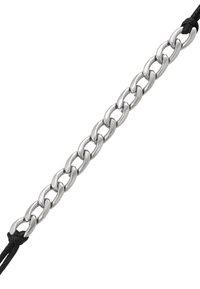 Sudraba metāla ķēdes aproce ar ovālām saitēm, ar gludu virsmu un nostiprināta ar melnu diegu.