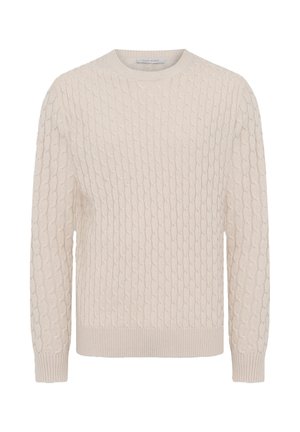 Cremfarbener gestrickter Pullover mit einem strukturierten Zopfmuster, geripptem Saum und Bündchen. Klassisches Rundhalsdesign mit langen Ärmeln.