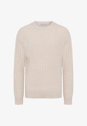 Cremfarbener gestrickter Pullover mit einem strukturierten Zopfmuster, geripptem Saum und Bündchen. Klassisches Rundhalsdesign mit langen Ärmeln.