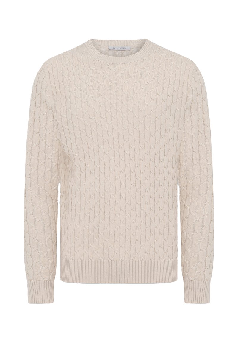 Suéter de punto color crema con un patrón de cable texturizado, dobladillo y puños acanalados. Diseño clásico con cuello redondo y manga larga.