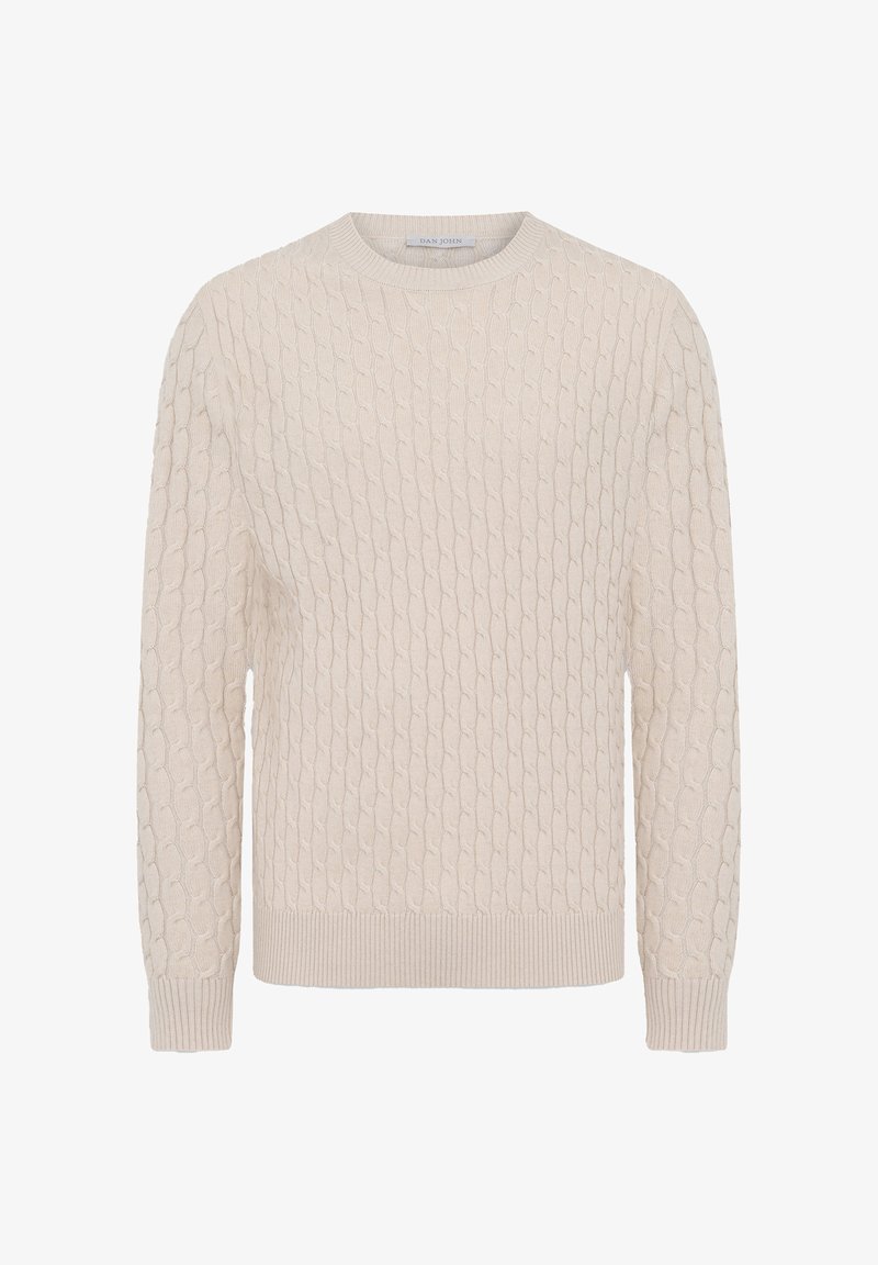 Cremfarbener gestrickter Pullover mit einem strukturierten Zopfmuster, geripptem Saum und Bündchen. Klassisches Rundhalsdesign mit langen Ärmeln.