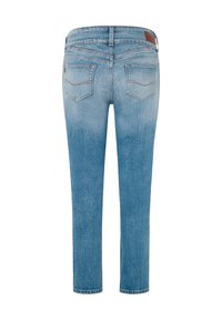 Heledad sinised teksad, millel on tuhm pesu, kaks tagakotti ja pruun nahkpatch vööl. Sirge lõige, keskmise kõrgusega istuvus.