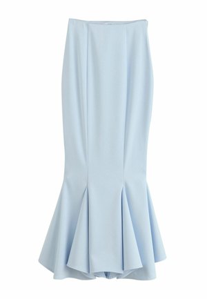 Light blue mermaid-style skirt with fitted waist and flared hem, smooth fabric, no visible patterns or embellishments.