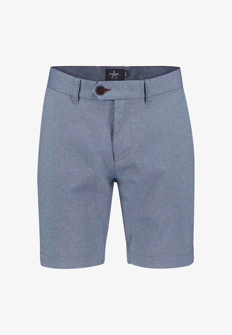 Lichtblauwe chino shorts voor mannen met knoopsluiting, riemlussen en achterzakken, getoond tegen een witte achtergrond.