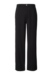 Černé široké kalhoty z hladké látky, s předním zapínáním na knoflíky a dvěma svislými švy vpředu.