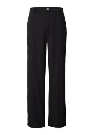 Pantaloni neri a gamba larga realizzati in tessuto liscio, con chiusura frontale a bottoni e due cuciture verticali sul davanti.