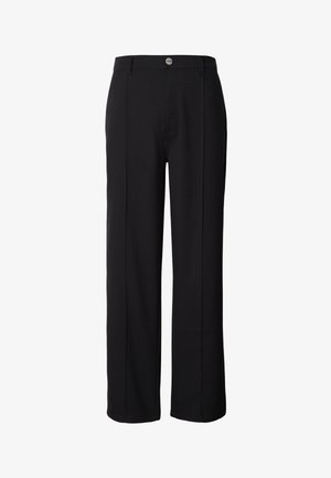 Pantaloni neri a gamba larga realizzati in tessuto liscio, con chiusura frontale a bottoni e due cuciture verticali sul davanti.