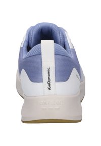 Světle fialové a bílé sportovní boty s texturovaným textilním svrškem, polstrovaným límcem, akcenty loga a měkkou béžovou podrážkou.