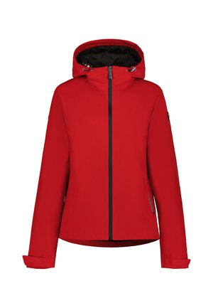 Veste rouge à capuche avec fermeture éclair noire et cordons réglables, manches longues avec poignets et poches latérales zippées.