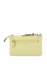 Geel leren clutch met een bovenste ritssluiting, voorzak met ritssluiting en metalen accenten. Gladde textuur en minimalistisch ontwerp.