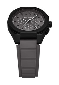 Schwarze analoge Uhr mit grauem Zifferblatt, ausgestattet mit Chronographen-Subzifferblättern, einem Datumsfenster und einem grauen Silikonarmband mit strukturiertem Finish.