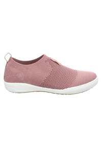 Helle rosa Slipper aus atmungsaktivem Mesh-Material, mit einem strukturierten Webdesign und einer weißen Gummisohle. Keine sichtbaren Beschläge oder Akzente.