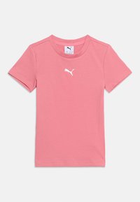 Ροζ κοντομάνικη ριπ μπλούζα Puma με στρογγυλή λαιμόκοψη και λευκό λογότυπο Puma στο κέντρο του στήθους.