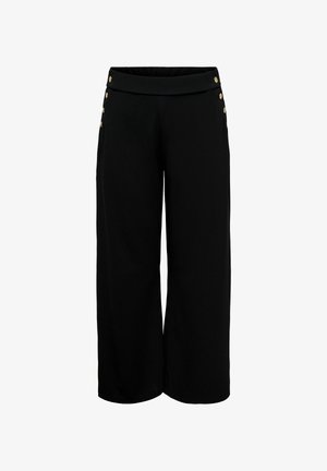 Svarta avklippta vida byxor med en slät textur, med hög midja och dekorativa guldfärgade knappar på sidan.