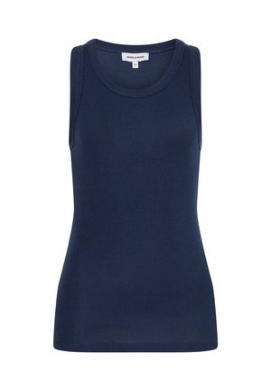 Navyblauw geribd mouwloos hemd met ronde hals, getailleerde pasvorm en merklabel "MORE & MORE" bij de kraag, maat 36.