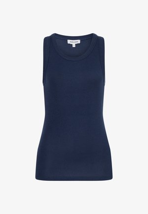 Marineblaues, geripptes, ärmelloses Tanktop mit rundem Ausschnitt, figurbetontem Schnitt und Markenlabel "MORE & MORE" am Kragen, Größe 36.
