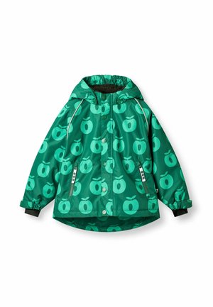 Veste verte pour enfants avec capuche, motifs pommes, boutons sur le devant, poches zippées et poignets élastiqués avec doublure intérieure noire.