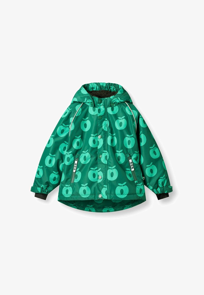 Veste verte pour enfants avec capuche, motifs pommes, boutons sur le devant, poches zippées et poignets élastiqués avec doublure intérieure noire.