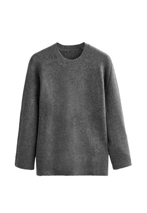 Grå strikket sweater med runde halsudskæring, lange ærmer og ribbet kant. Fremstillet af blødt stof med en tekstureret overflade, der giver en afslappet pasform.