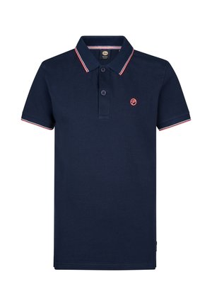 Polo azul marino hecho de una mezcla de algodón, con cuello, tapeta de dos botones y acentos a rayas rojas y blancas en los puños.