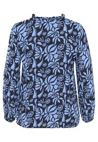 Langarmbluse mit dunkelblauem Hintergrund und hellblauen Blumen- und Wirbelmustern. Weicher, strukturierter Stoff mit gerafftem Ausschnitt.