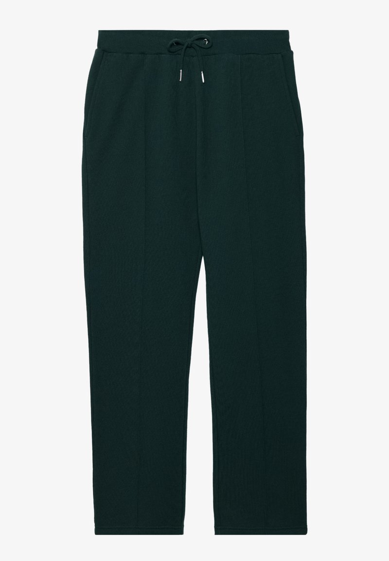 Pantaloni tuta in morbido tessuto verde scuro con cintura elastica e cordino, dotati di tasche laterali e un design dritto.