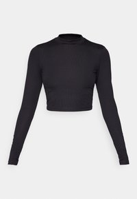 Black long-sleeve crop top with a high neck. Made of ribbed fabric, featuring fitted sleeves and a clean, seamless hem detail.