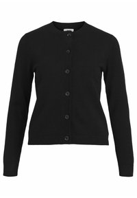 Black cardigan with a round neckline, long sleeves, front button closure, ribbed hem, and textured fabric. Features six black buttons.