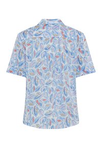 Kurzarmhemd mit einem hellblauen Grundton, das ein mehrfarbiges Blattmuster in Pink, Orange und Beige aufweist. Mit Knopfkragen.