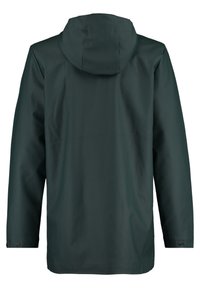 Long, dark green waterproof jacket with a hood, smooth texture, buttoned cuffs, and a straight cut design for a relaxed fit.