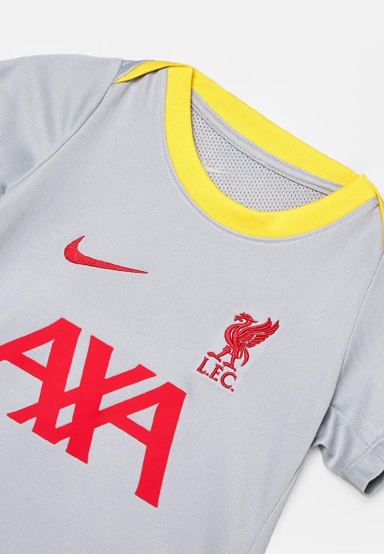 Grau Sporttrikot mit gelbem Kragen, rotem Nike-Logo, dem Liverpool FC-Vogelemblem und großem rotem AXA-Sponsortext auf der Brust.