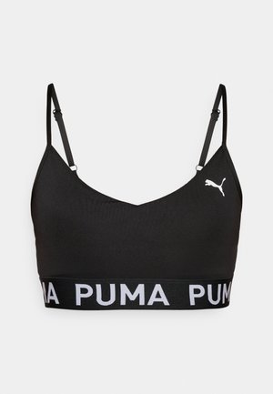 Melnā sporta krūšturis no elastīga auduma, ar V formas kakla izgriezumu, šaurām regulējamām siksnām un plašu melnu joslu ar baltu "PUMA" logo.