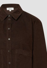 Camicia in corduroy marrone scuro con colletto, chiusura frontale con bottoni e taschini, taglia 36, del marchio s.Oliver.