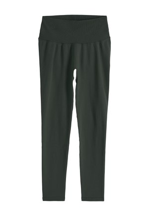 Leggings de cintura alta y longitud completa en verde oscuro, con una cinturilla ancha acanalada, adecuados para uso deportivo o casual.