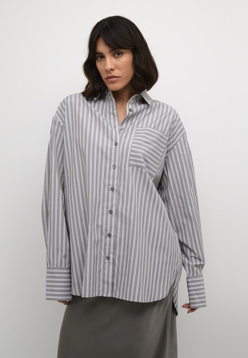 Chemise à manches longues rayée grise et blanche avec fermeture à boutons et poche poitrine. Présente des rayures contrastées aux poignets et un ourlet courbé.