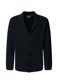 Svart stickad cardigan med sjalkrage, knappstängning, två framfickor och strukturerad tyg. Har fem knappar för stängning.