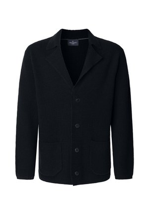 Cardigan noir en tricot avec un col châle, fermeture à boutons, deux poches avant et tissu texturé. Dispose de cinq boutons pour la fermeture.