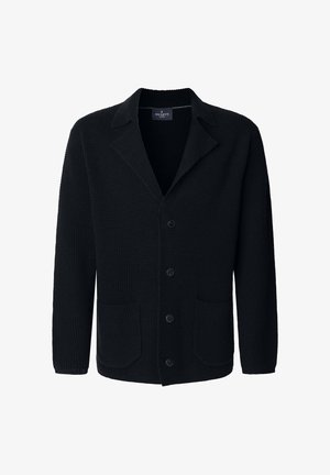 Czarny dziergany kardigan z kołnierzem szalowym, z przodu na guziki, z dwiema kieszeniami z przodu i teksturowanym materiałem. Posiada pięć guzików do zapięcia.