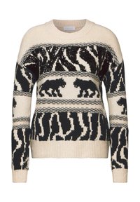 Pullover a maglia caratterizzato da una base crema con motivi animali e astratti neri, dettagli con paillettes e polsini e orlo a coste.