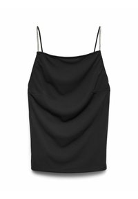 Sort camisole-top med justerbare spaghettistropper, der har et draperet design og en glat stoftekstur. Enkel, moderne silhuet.