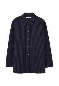 Jūras zila pogājama krekls ar vertikālu rindiņu rakstu, ar norādītu apkakli, garām piedurknēm un faktūru ar gludu virsmu.