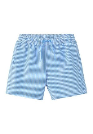 Shorts de bain bleu clair et blanc à rayures verticales, avec ceinture élastique et cordon de serrage bleu.