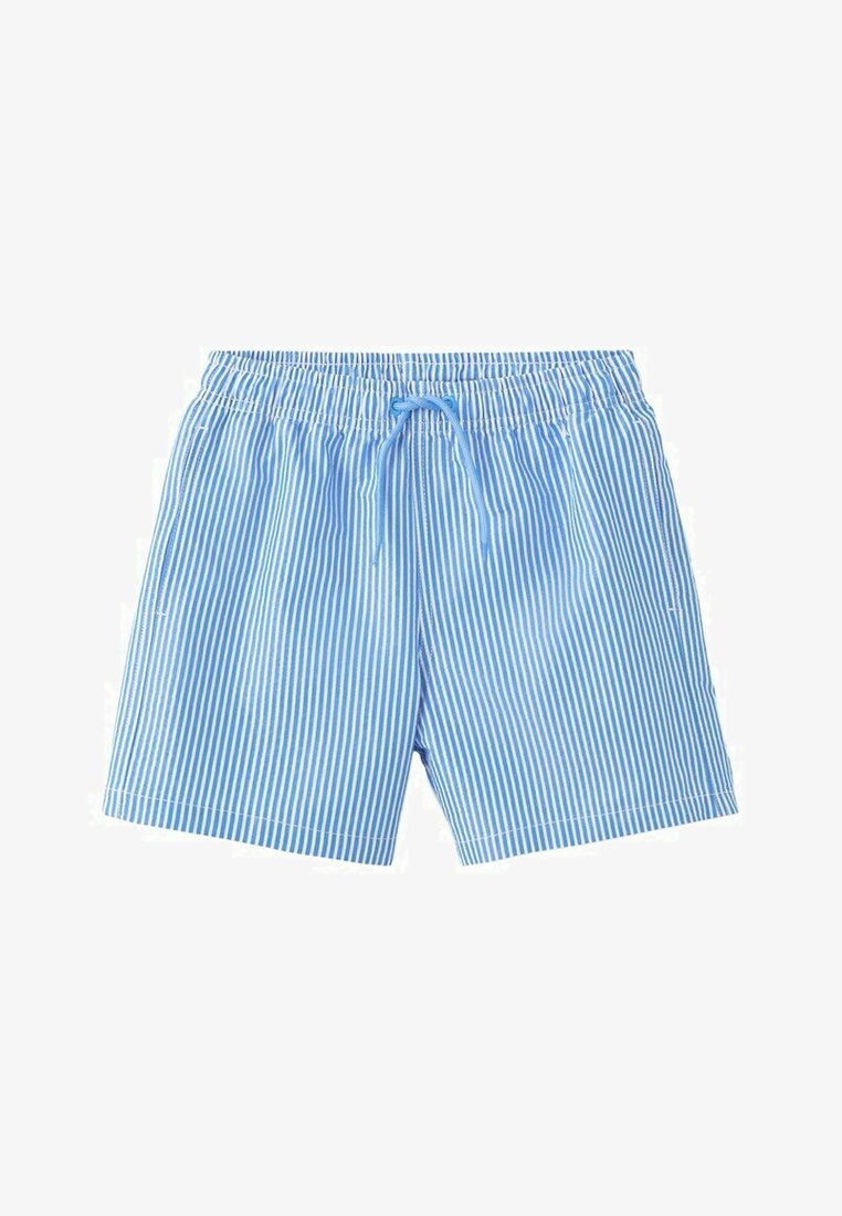 Shorts de bain bleu clair et blanc à rayures verticales, avec ceinture élastique et cordon de serrage bleu.